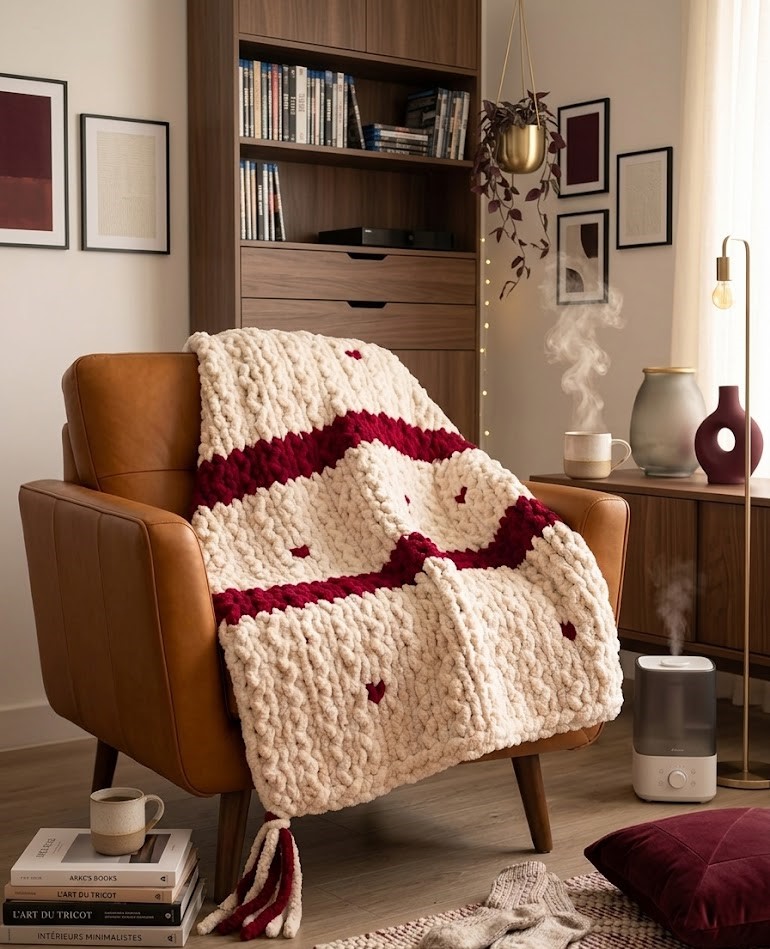 Copertina "Nuvola di Coccole" – Chunky Knit XXL Rosso & Beige -Fatto a mano-